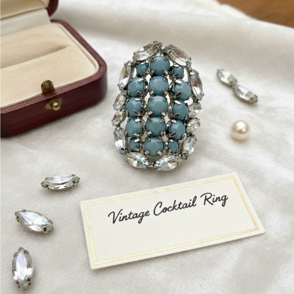 Vintage Chunky Statement Cocktail Ring – AB Rhinestones & Faux Turquoise